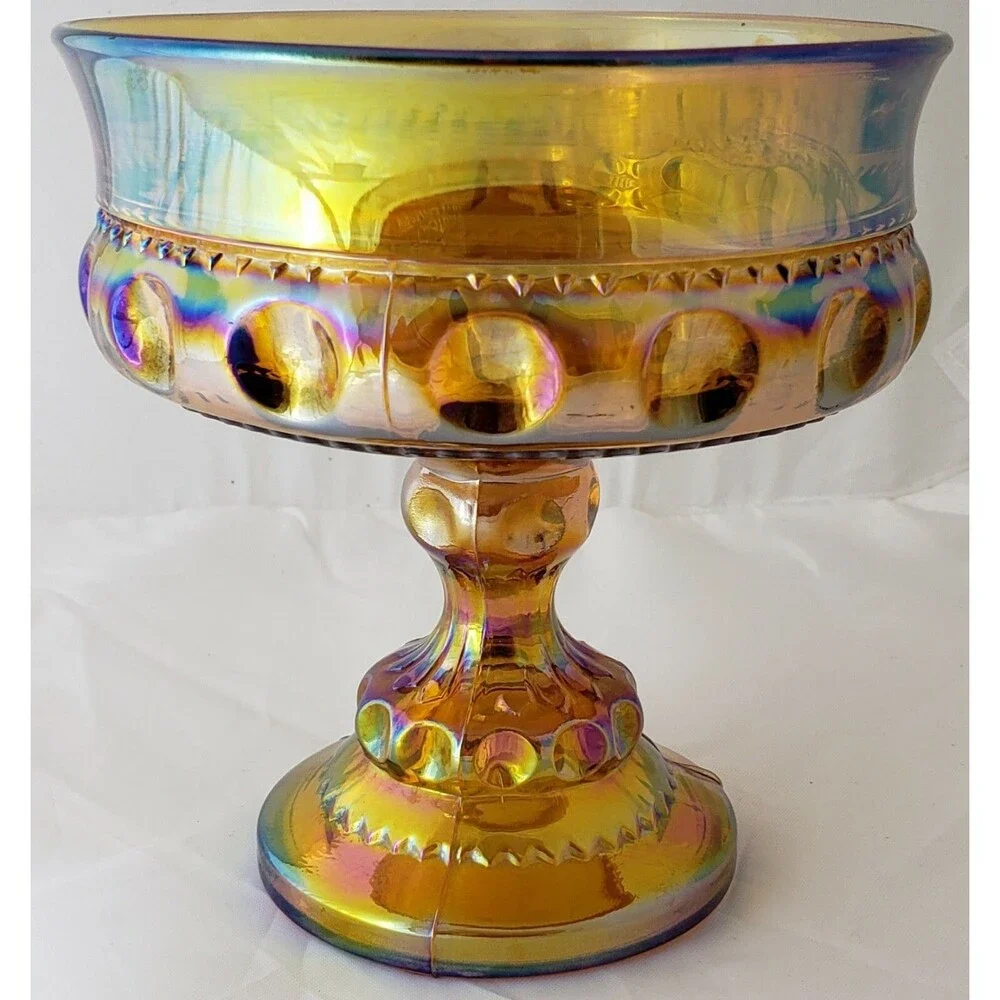Vintage Amber Carnival Glass King Crown Iridescent Thumbprint Compote Candy Dish